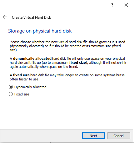 Fig.11 - Create Virtual Hard Disk: Storage on physical hard disk